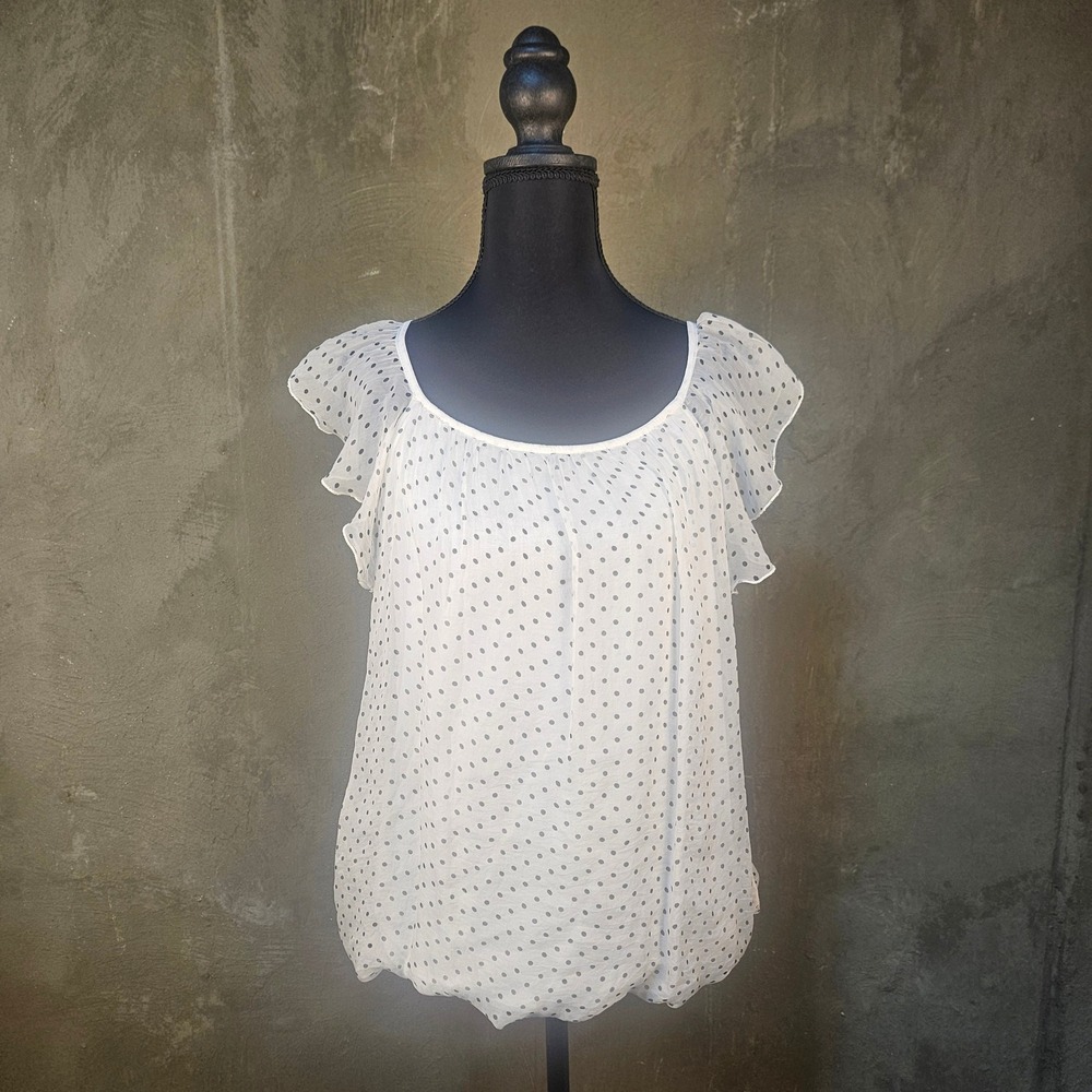 LUISA RICCI White Black Polka Dot 100% Silk Lined Top‎ Flutter Sleeve Italy L